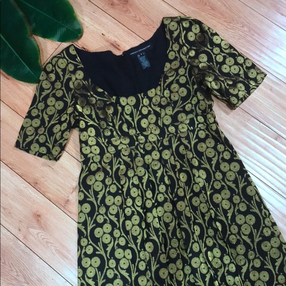 NWOT French Connection Metallic Gold & Black Dress